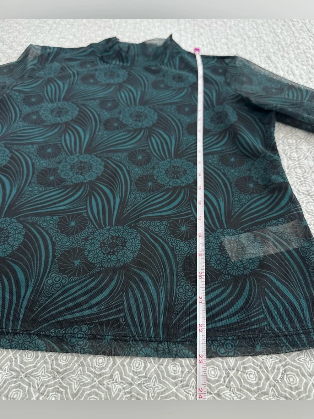 Anthropologie Gauzy Turtleneck Sheer Mesh Teal Green Black Floral Size M